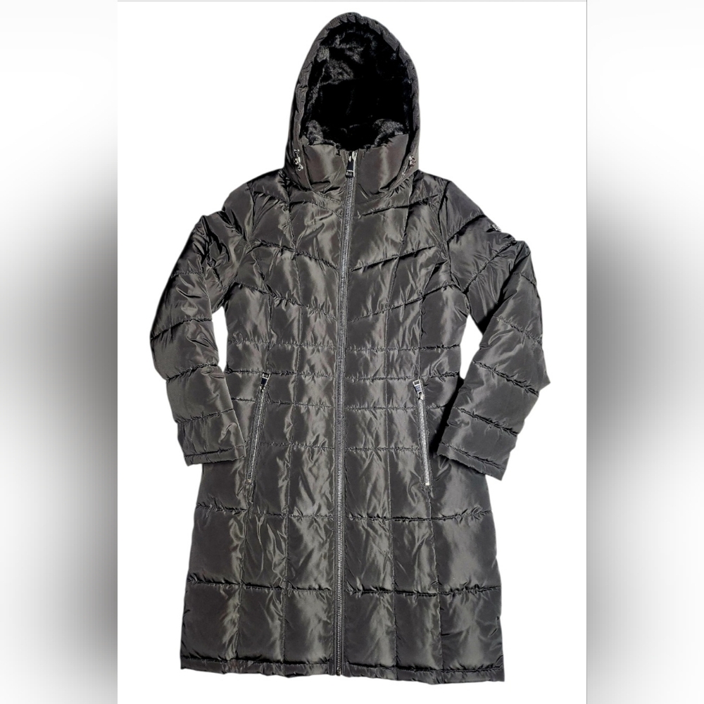 Women Calvin Klein Hooded Stand Collar Long Puffer Coat Black Medium MSRP $285 - Picture 7 of 16